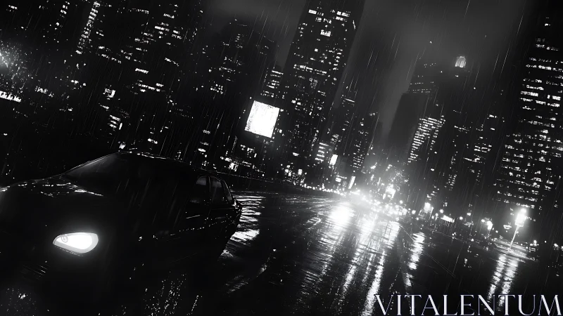 Rain-slicked noir highway slices through neon city glare.