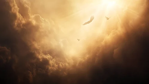 Cloud layer with backlit sunrays and distant flying birds.