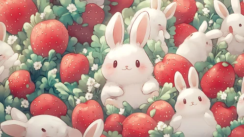 Fluffy white bunnies nestle among ripe strawberries in bloom