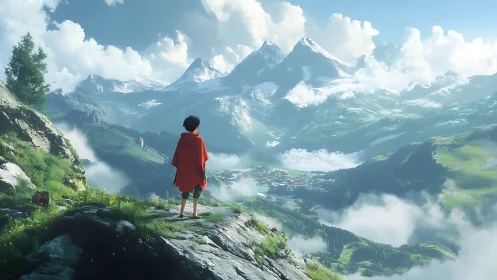 Digital painting of child on alpine cliff with vast valley vista.