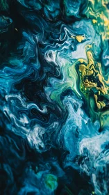 Swirling teal and yellow fluid abstract texture artwork.