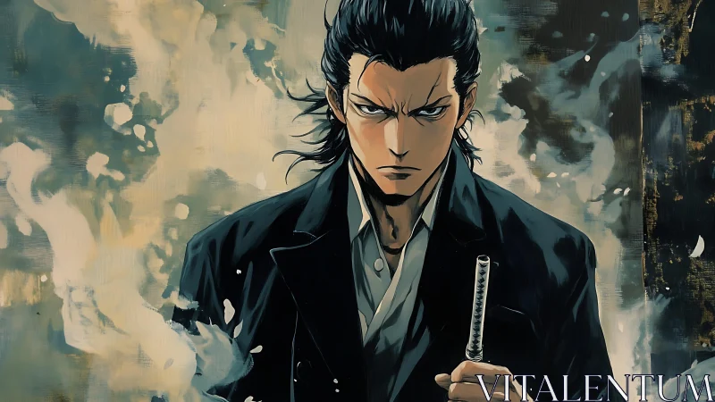 Stoic swordsman stands amid swirling abstract smoke and resolve.