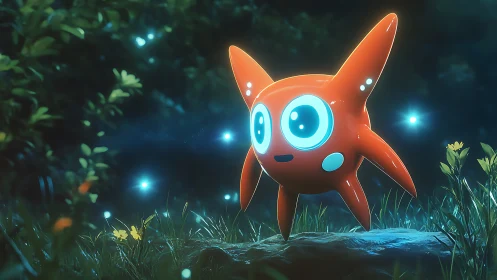 Starglow forest sprite with bright curious eyes at dusk.