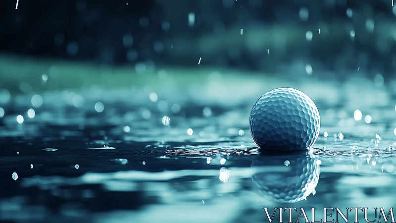 Golf ball on wet green under heavy rain at twilight.