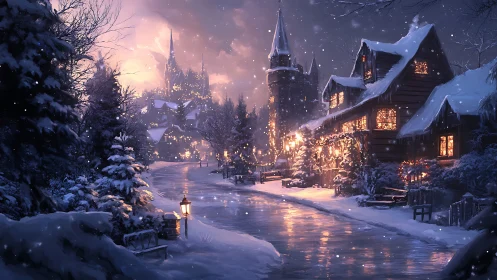 Snow-laden village street reflects warm volumetric window lighting