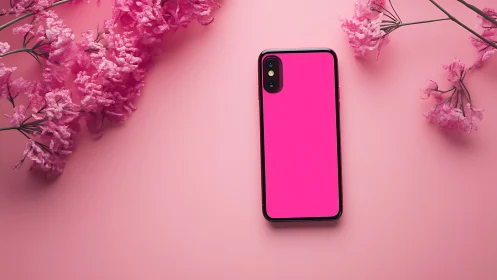 Pink Smartphone Display Against Floral Background.