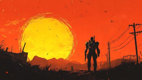 Armored figure in wasteland against oversized setting sun.