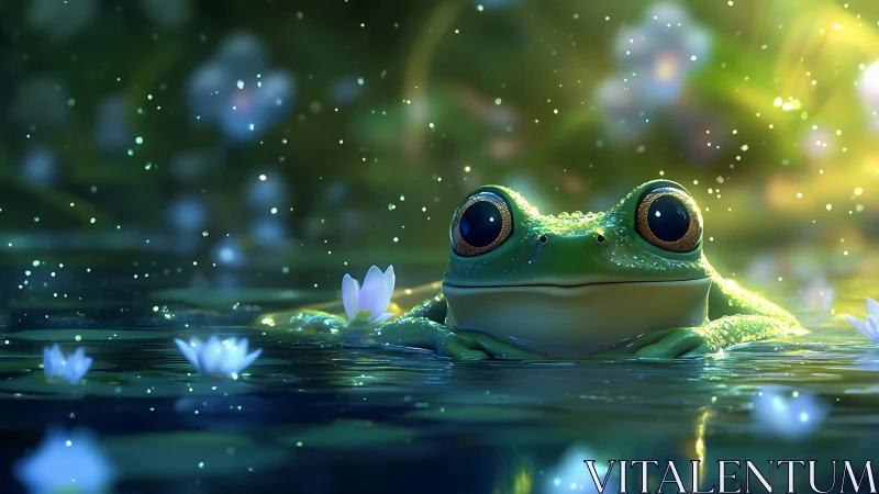 Green frog in reflective pond with luminous floral forms.
