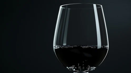 Crystal wine glass holds dark liquid against black background