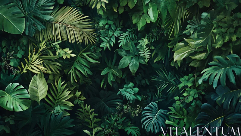 Dense tropical foliage canopy with layered glossy green leaves