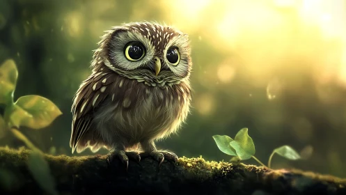 Adorable baby owl on a mossy branch in dreamy sunlight, digital art.