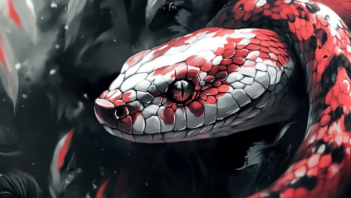 Crimson and ivory serpent gliding through twilight leaves.