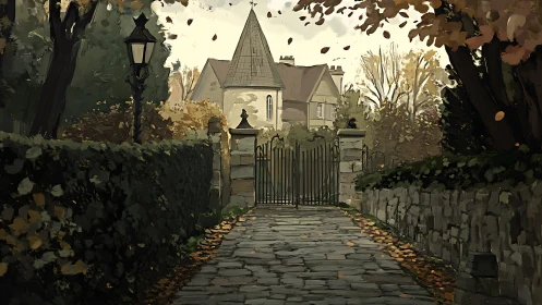 Gated autumn manor stands beyond a leaf-strewn stone path.