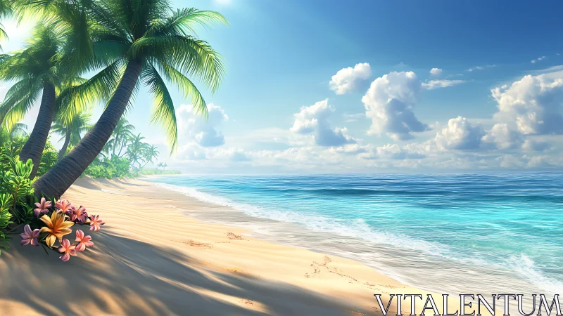 Tropical Coastal Beach with Palm Trees and Ocean.