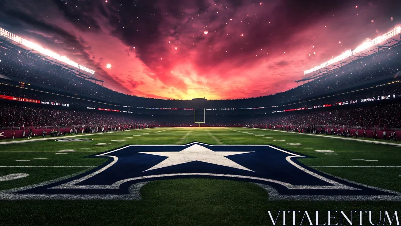 Floodlit football stadium field with central star logo at dusk