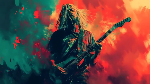 Guitarist lost in color and sound amid swirling neon fire.