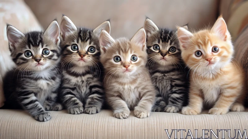 Five Adorable Kittens Sitting in a Perfect Row on Fabric