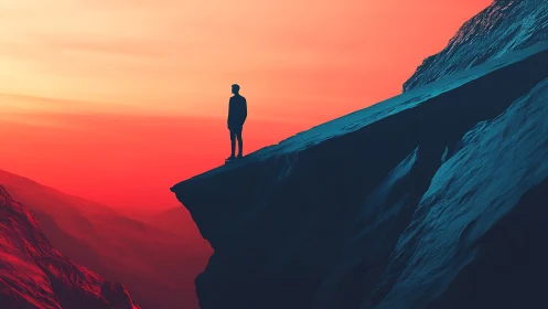 Solitary dreamer poised on a neon-drenched cliff edge.