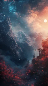 Dreamlike cosmic mountains wrapped in glowing red forest.