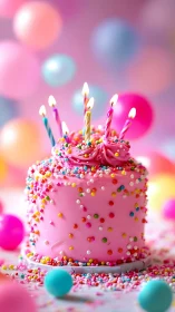 Pink Birthday Cake with Lit Candles and Gradient Bokeh Background.