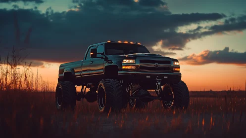 Lifted off-road truck stands bold against a fiery sunset sky