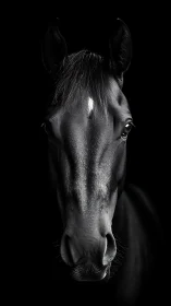 Black horse portrait isolates glossy head against darkness