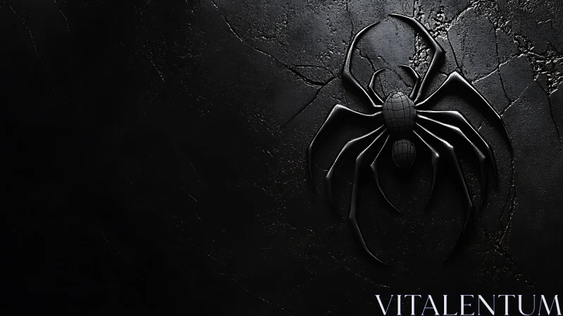 Monochrome 3D black spider emblem on cracked stone surface