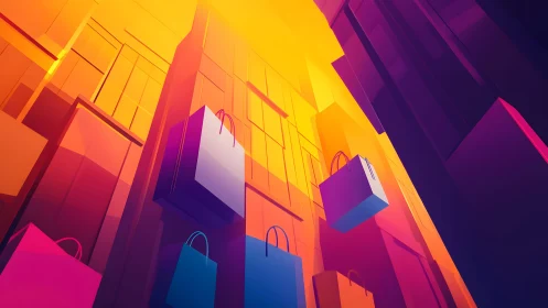 Vibrant Shopping Bags in Abstract Cityscape, Digital Art Style.