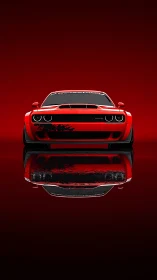 Red muscle car front portrait on glossy reflective ground.