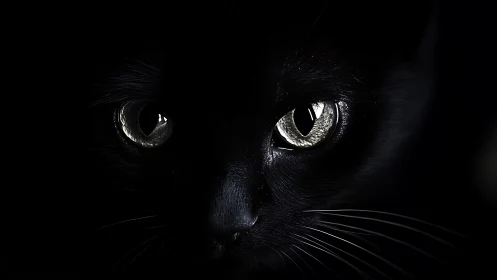 Black Cat Eyes Glowing in Darkness.
