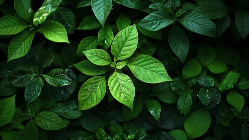 Central bright green leaf cluster amid darker foliage.