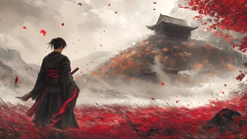 Samurai figure before distant temple in red autumn landscape.