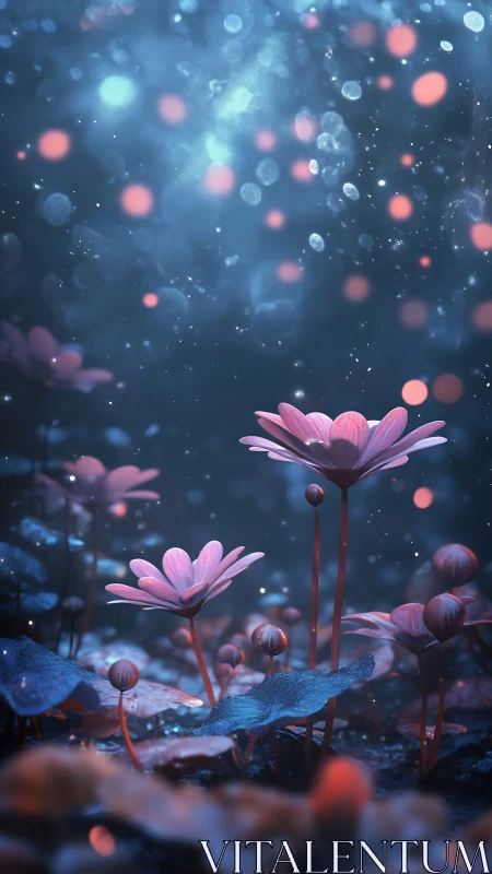 Enchanted pink wildflowers glow softly in a dreamy night forest