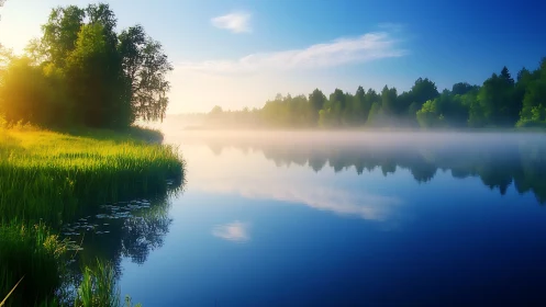Calm forest lake at sunrise with soft mist over water.