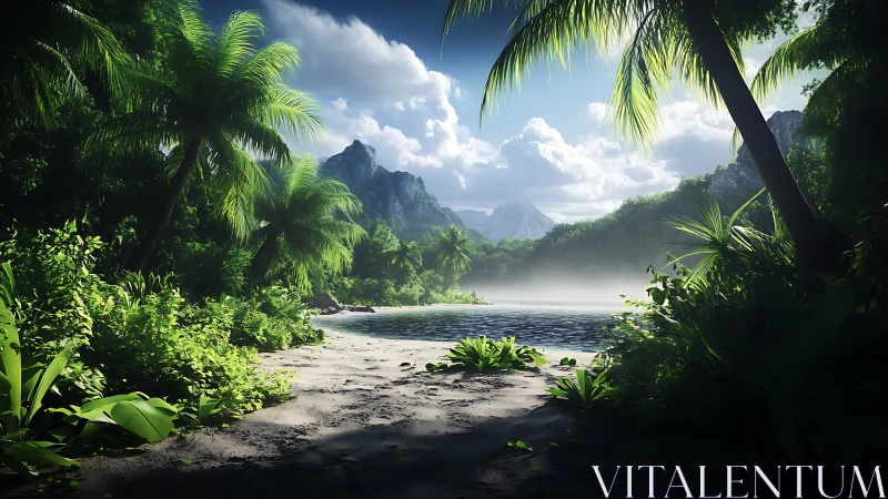 Tropical lagoon valley with mountain vista and palm canopy.