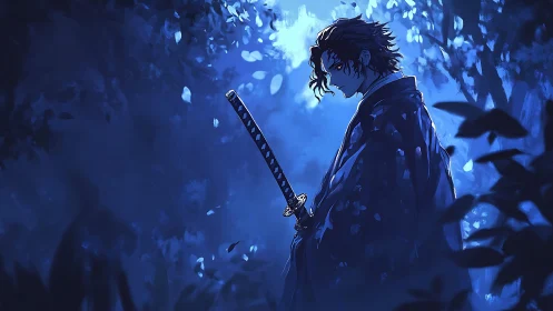 Nocturnal katana sentinel in volumetric blue foliage field.