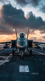 Carrier-based jet fighter on deck under dense sunset clouds.