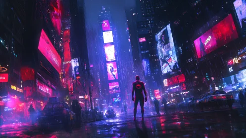 Neon-lit vigilante stands in rain-soaked cyberpunk city canyon