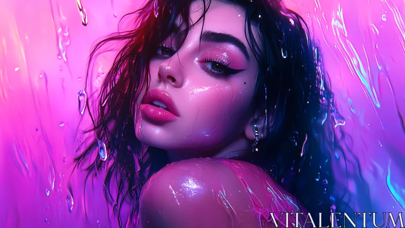 Neon-lit wet portrait of woman in vibrant liquid gloss.