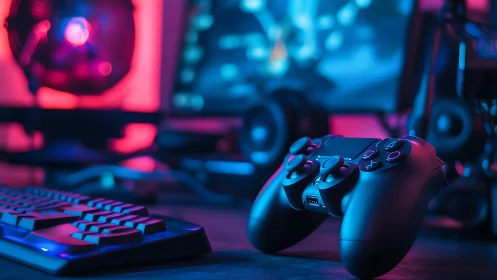 Game controller on desktop with illuminated setup in view.