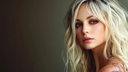 Soft-lit blonde portrait with tattoo and muted backdrop.
