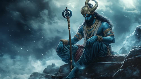 Mythic blue deity seated on stormy mountain throne.