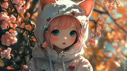 Pink haired girl in cat ear hoodie amid blooming branches