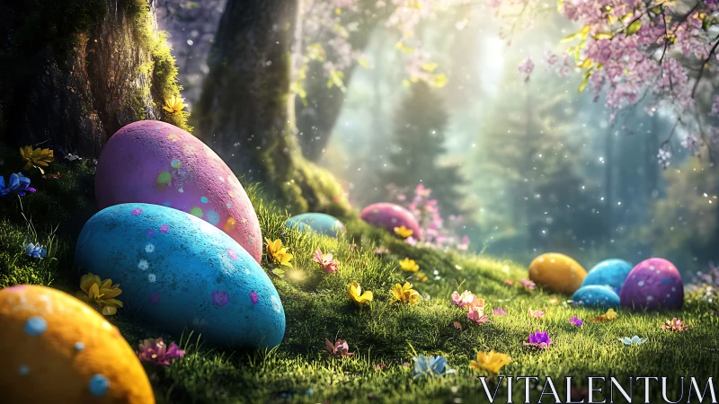 Colorful Easter eggs rest on a sunlit forest clearing