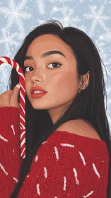 Woman holds candy cane against snowy winter backdrop