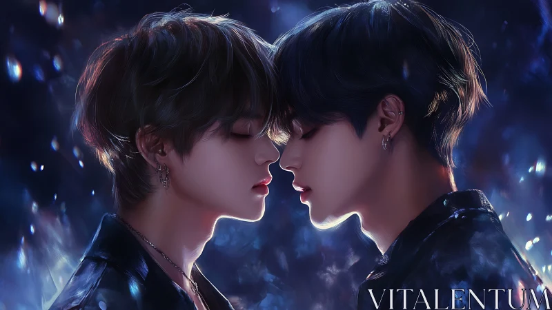 Hyperreal digital portrait of two luminous profiles in twilight