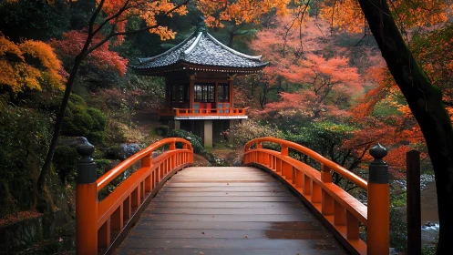 Quiet autumn bridge leading toward a hidden garden temple.
