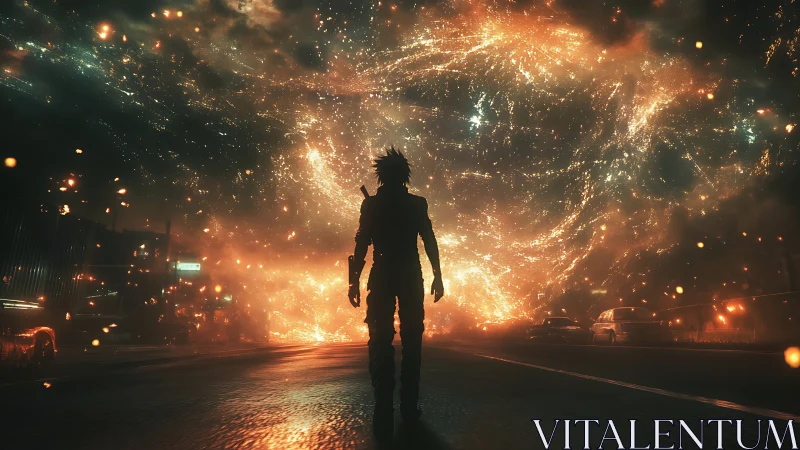Silhouetted figure faces massive fiery vortex over city street