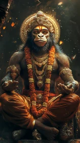 Divine monkey deity sits in golden meditative splendor.