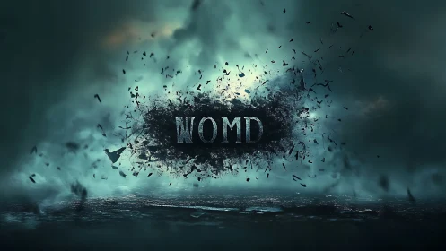 Stormborn WOMD typography exploding through smoky void.